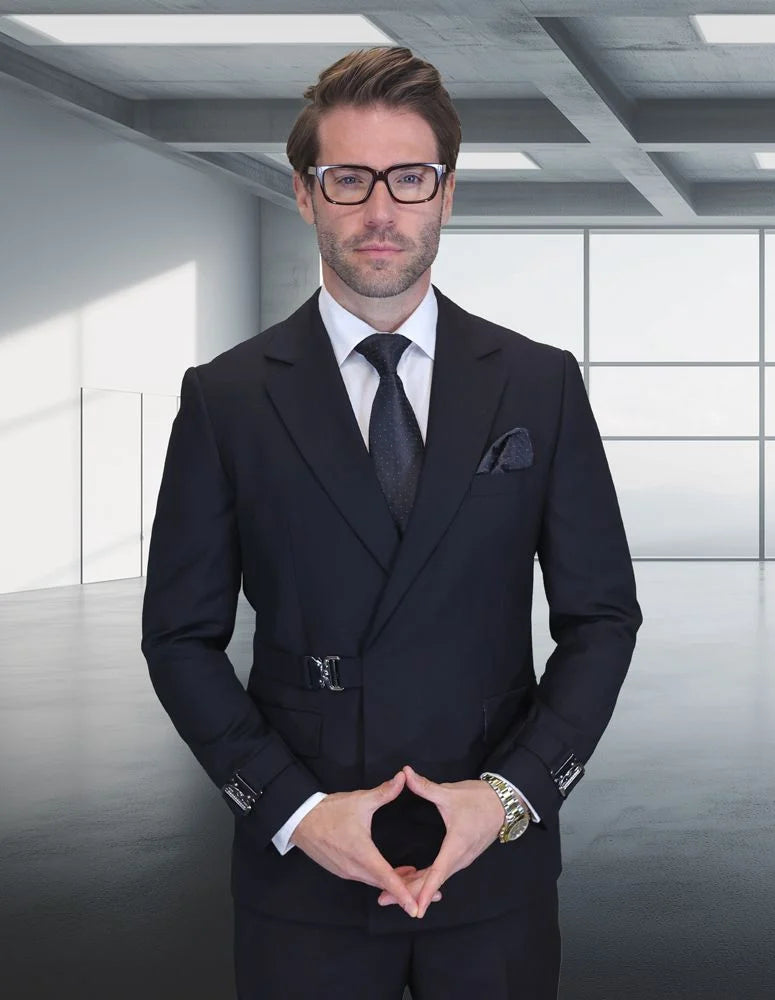 Statement Mens Modern Fit 2 Piece 100% Wool Suit β Double Breasted Jacket with Metal Buckle Closure