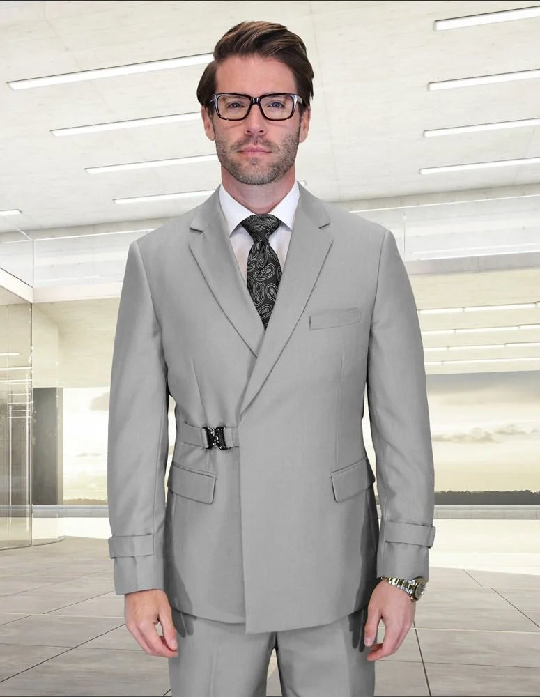 Statement Mens Modern Fit 2 Piece 100% Wool Suit β Double Breasted Jacket with Metal Buckle Closure