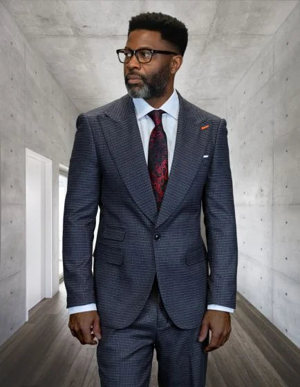 Statement Mens Modern Fit 2 Piece 100% Wool Suit β Wide Peak Lapel, One Button Jacket