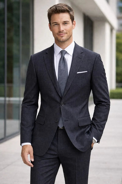 Statement Mens Modern Fit 2 Piece 100% Wool Textured Solid Suit β Notch Lapel Single Breasted Jacket