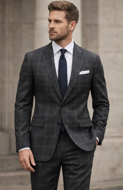 Statement Mens Modern Fit 2 Piece 100% Wool Windowpane Plaid Suit β Single Breasted Notch Lapel Jacket