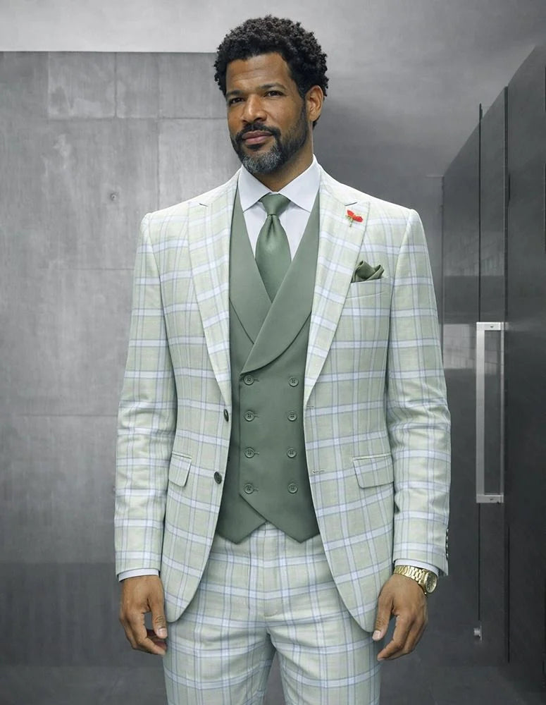 Statement Mens Modern Fit 3 Piece 100% Super 200s Wool Classic Windowpane Suit β Double Breasted Vest