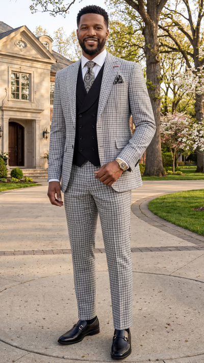Statement Men's Modern Fit 3 Piece 100% Wool Gingham Suit β Peak Lapel, Double Breasted Vest