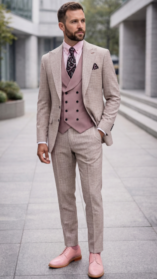 Statement Men's Modern Fit 3 Piece 100% Wool Gingham Suit β Peak Lapel, Double Breasted Vest