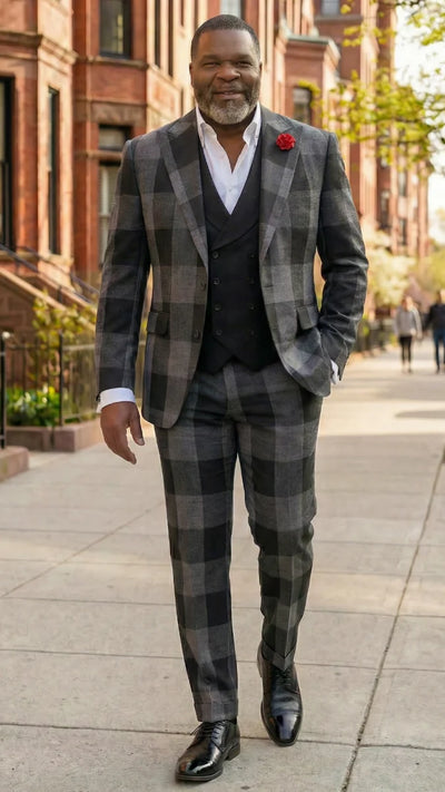Statement Mens Modern Fit 3 Piece 100% Super 200s Wool Large Checker Suit β Double Breasted Vest
