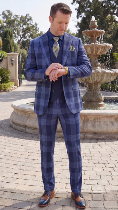 Statement Mens Modern Fit 3 Piece 100% Super 200s Wool Large Checker Suit β Double Breasted Vest