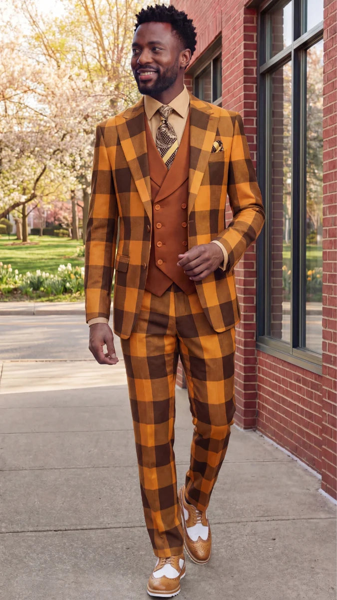 Statement Mens Modern Fit 3 Piece 100% Super 200s Wool Large Checker Suit β Double Breasted Vest