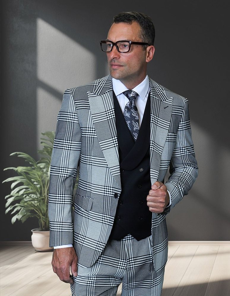 Statement Mens Modern Fit 3 Piece 100% Super 200s Wool Plaid Suit β Peak Lapel, Double Breasted Vest