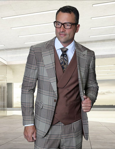 Statement Mens Modern Fit 3 Piece 100% Super 200s Wool Plaid Suit β Peak Lapel, Double Breasted Vest