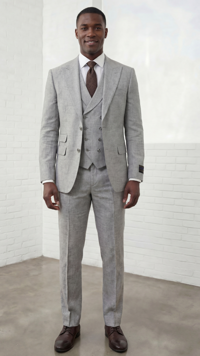 Statement Mens Modern Fit 3 Piece 100% Super 200s Wool Suit β Peak Lapel, Double Breasted Vest