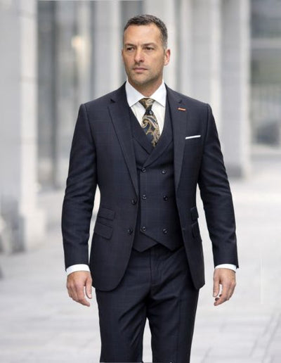 Statement Mens Modern Fit 3 Piece 100% Super 200s Wool Suit β Various Patterns, Double Breasted Vest