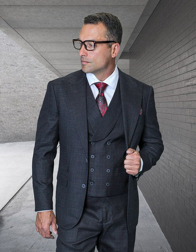 Statement Mens Modern Fit 3 Piece 100% Super 200s Wool Suit β Wide Peak Lapel, Double Breasted Vest