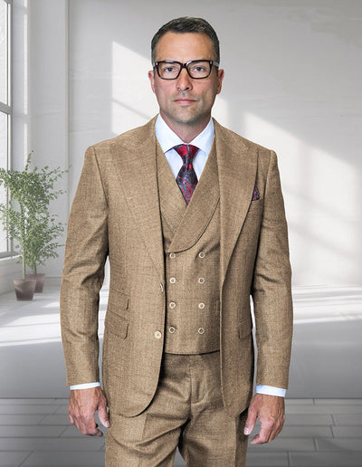 Statement Mens Modern Fit 3 Piece 100% Super 200s Wool Suit β Wide Peak Lapel, Double Breasted Vest