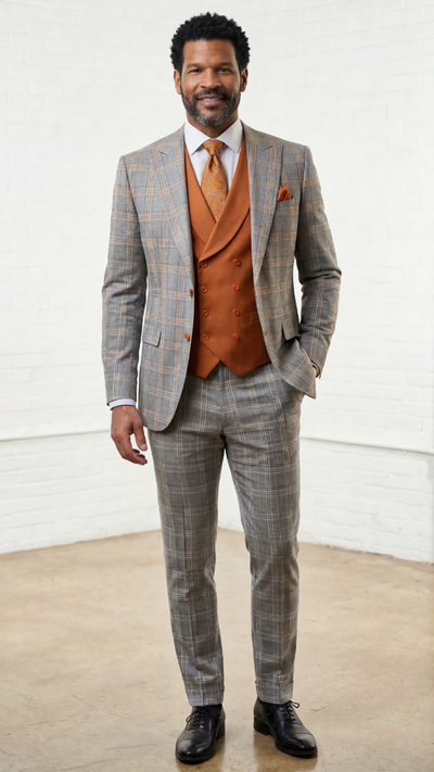 Statement Mens Modern Fit 3 Piece 100% Super 200s Wool Windowpane Suit β Solid Color Double Breasted Vest