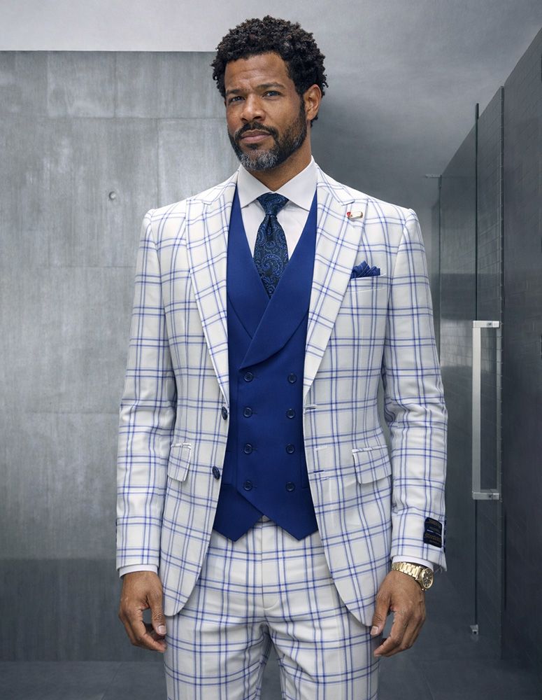 Statement Mens Modern Fit 3 Piece 100% Super Wool Windowpane Suit β Double Breasted Vest, Peak Lapel