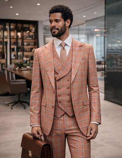 Statement Mens Modern Fit 3 Piece 100% Super Wool Windowpane Suit β Double Breasted Vest, Peak Lapel