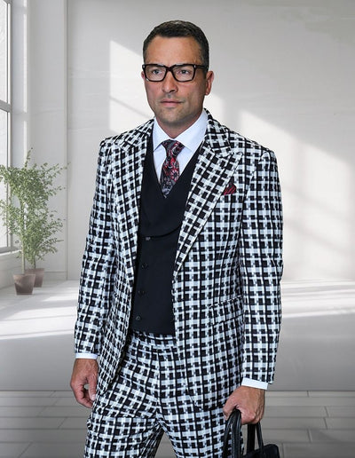 Statement Mens Modern Fit 3 Piece 100% Wool Checker Suit β Unique Pattern, Peak Lapel, Double Breasted Vest