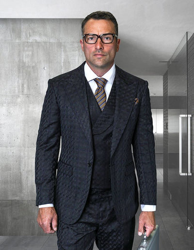 Statement Mens Modern Fit 3 Piece 100% Wool Checker Suit β Unique Pattern, Peak Lapel, Double Breasted Vest