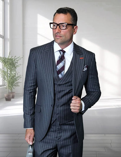 Statement Mens Modern Fit 3 Piece 100% Wool Pinstripe Suit β Wide Peak Lapel, 5 Button Vest