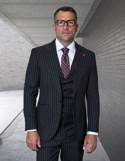 Statement Mens Modern Fit 3 Piece 100% Wool Pinstripe Suit β Wide Peak Lapel, 5 Button Vest