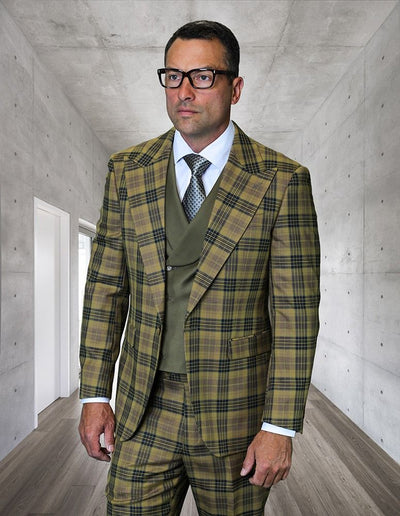 Statement Mens Modern Fit 3 Piece 100% Wool Plaid Suit β Wide Peak Lapel, Double Breasted Vest
