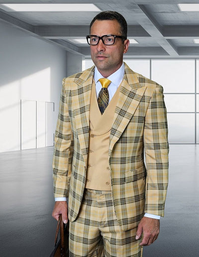Statement Mens Modern Fit 3 Piece 100% Wool Plaid Suit β Wide Peak Lapel, Double Breasted Vest