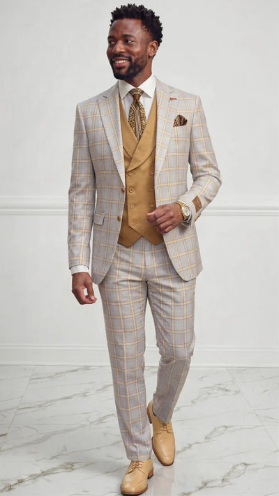 Statement Mens Modern Fit 3 Piece 100% Wool Sharp Windowpane Suit β Double Breasted Vest