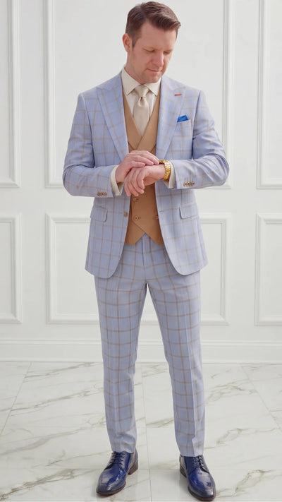 Statement Mens Modern Fit 3 Piece 100% Wool Sharp Windowpane Suit β Double Breasted Vest