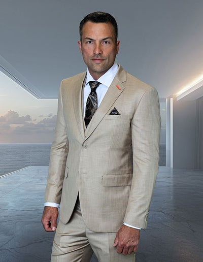 Statement Mens Modern Fit 3 Piece 100% Wool Suit β Subtle Texture, Notch Lapel Jacket