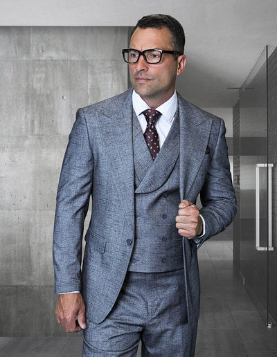 Statement Mens Modern Fit 3 Piece 100% Wool Textured Windowpane Suit β Wide Peak Lapel, Double Breasted Vest