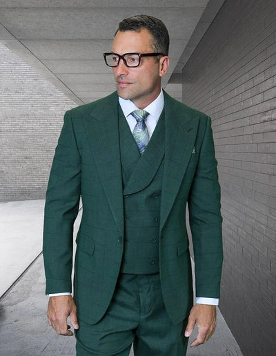 Statement Mens Modern Fit 3 Piece 100% Wool Textured Windowpane Suit β Wide Peak Lapel, Double Breasted Vest