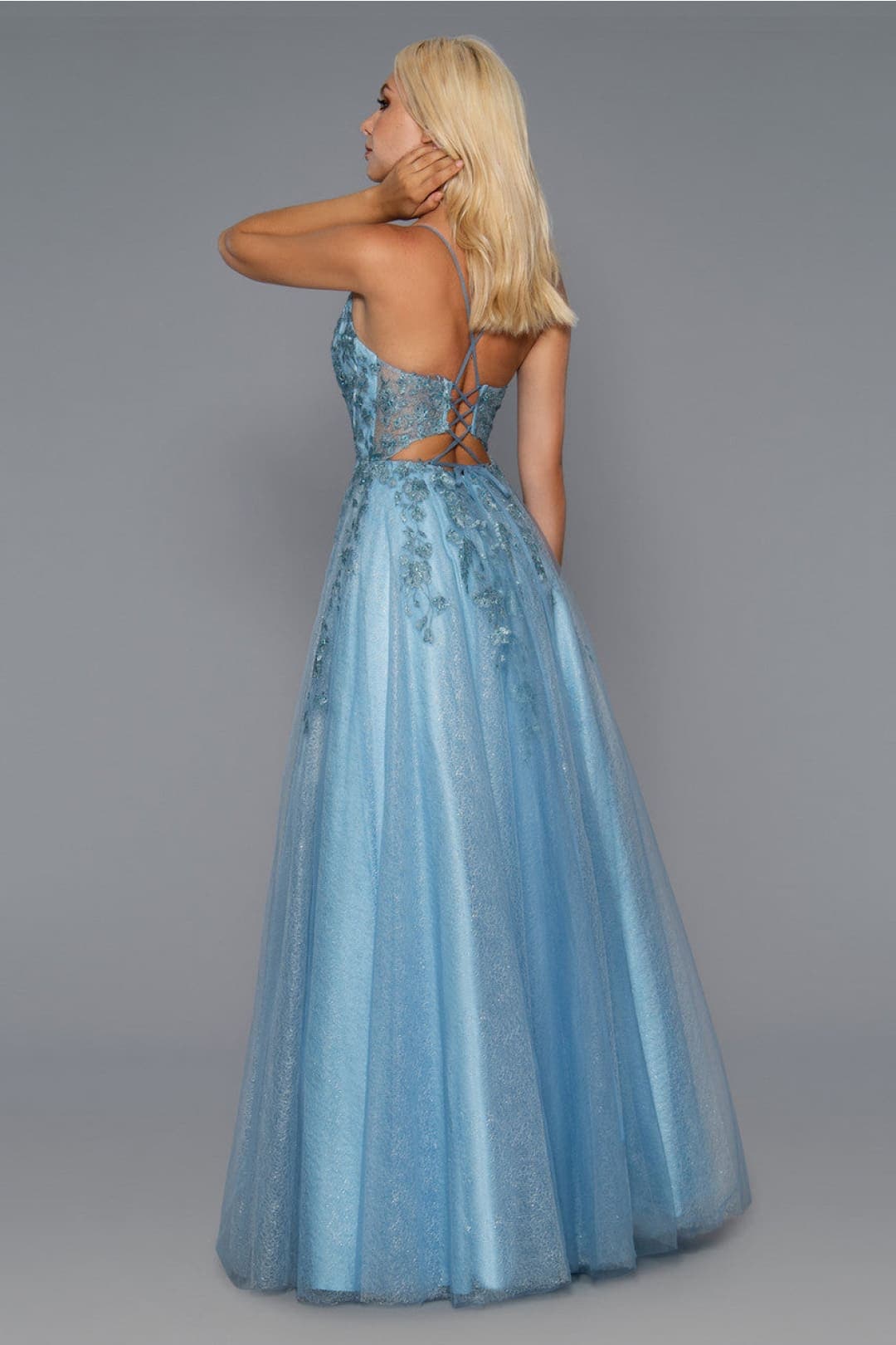 Stella Couture 21036 Strappy Back Embroidered A-Line Long Prom Dress
