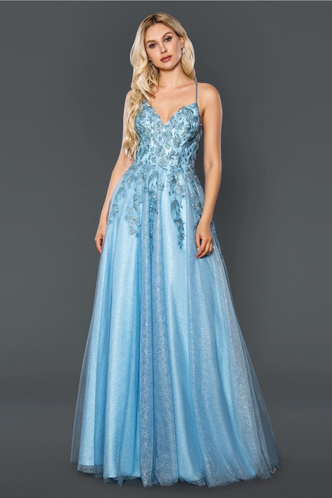 Stella Couture 21036 Strappy Back Embroidered A-Line Long Prom Dress