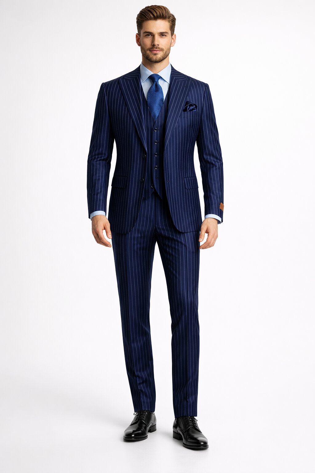 Men's Navy Peak Lapel Modern Fit Vested Suit