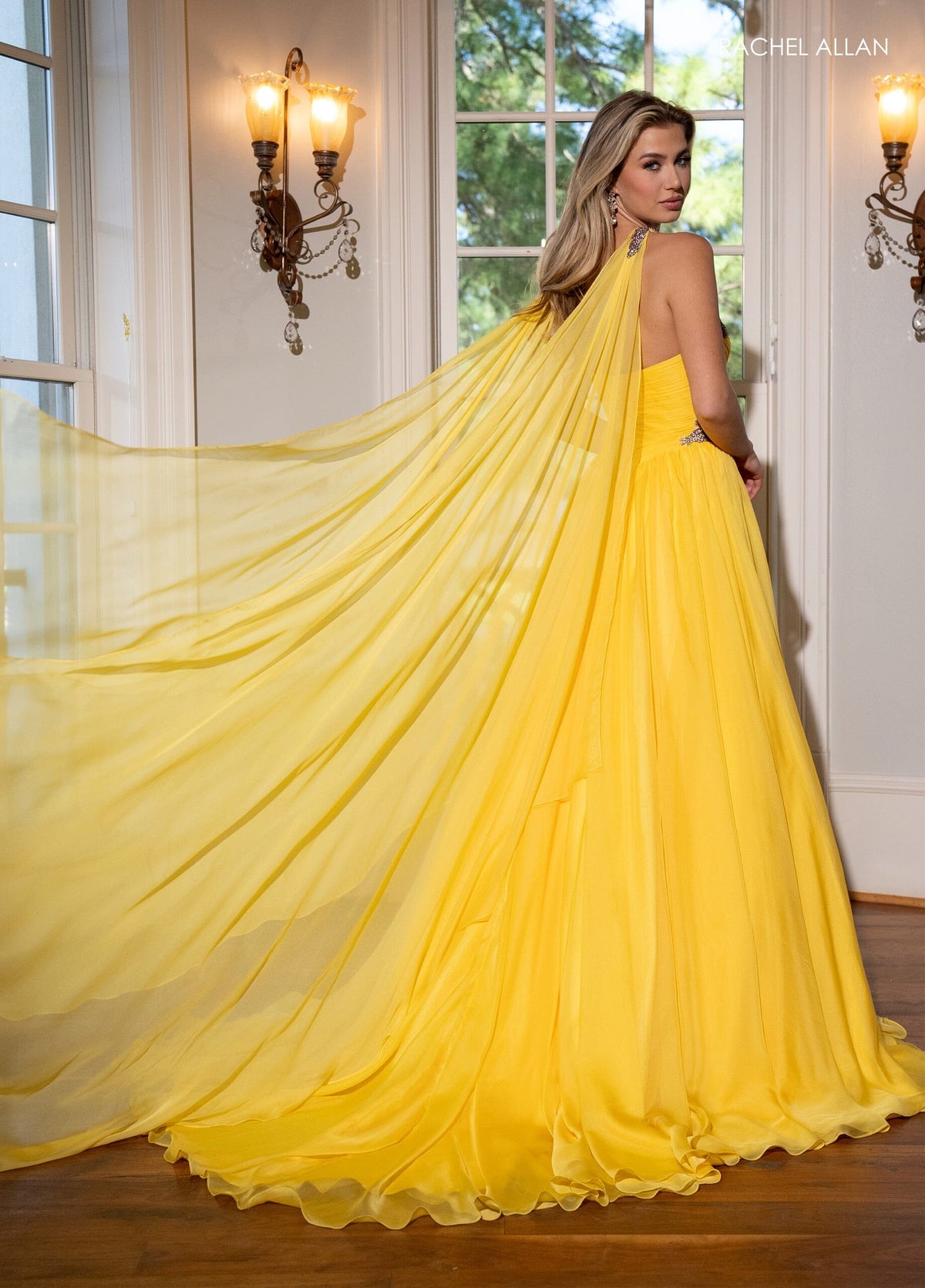 Rachel Allan 50290 Strapless Cape A-line Slit Gown