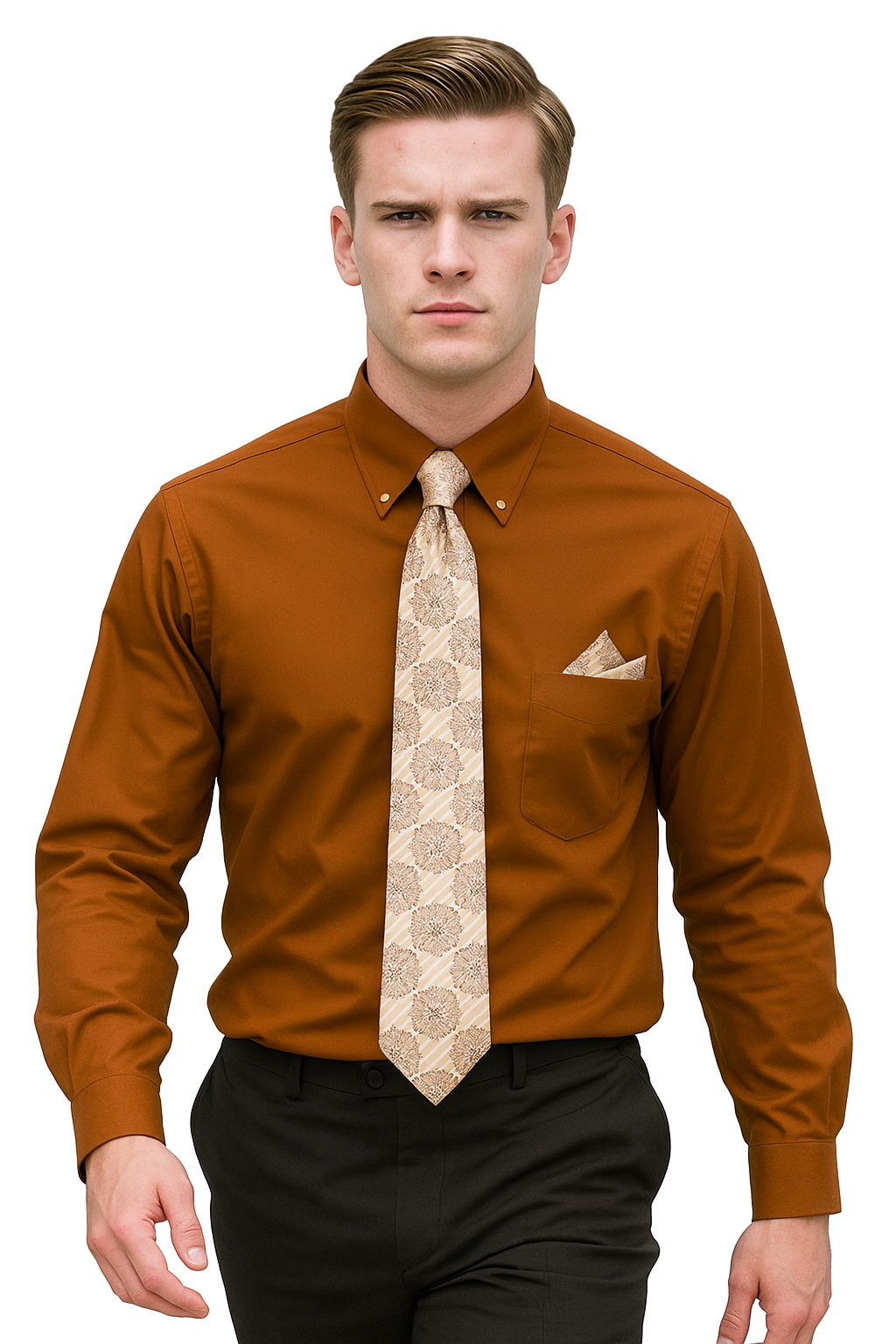 Brown Pin Collar Dress Shirt With Collar Bar