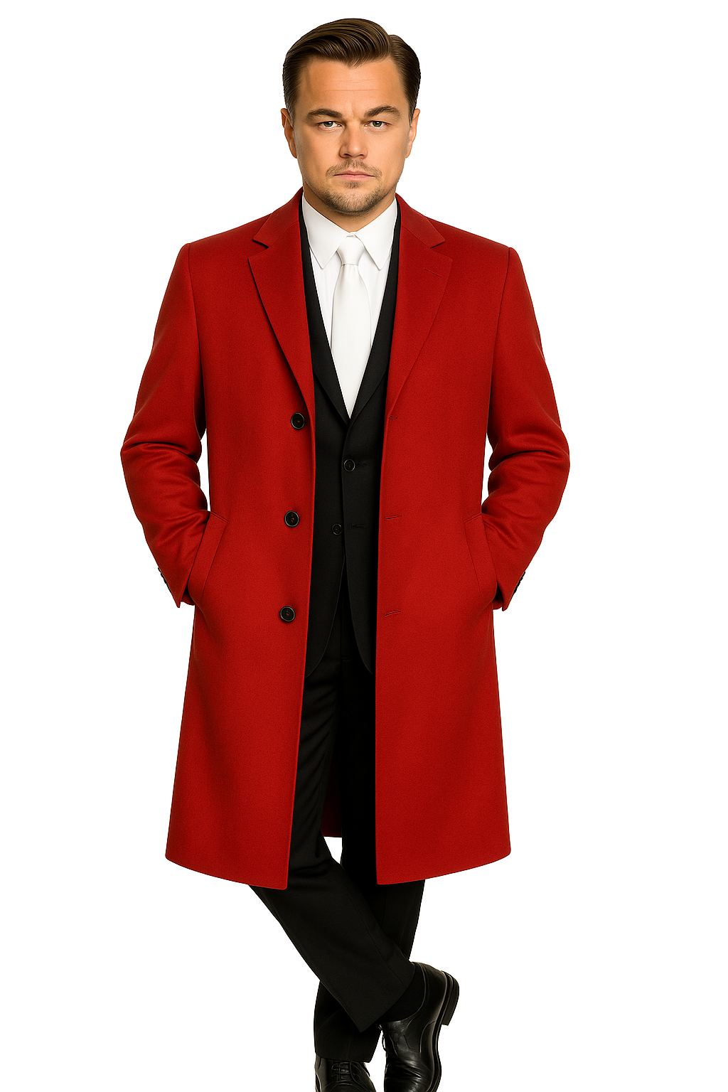 Three-Button Red Wool Dress Overcoat