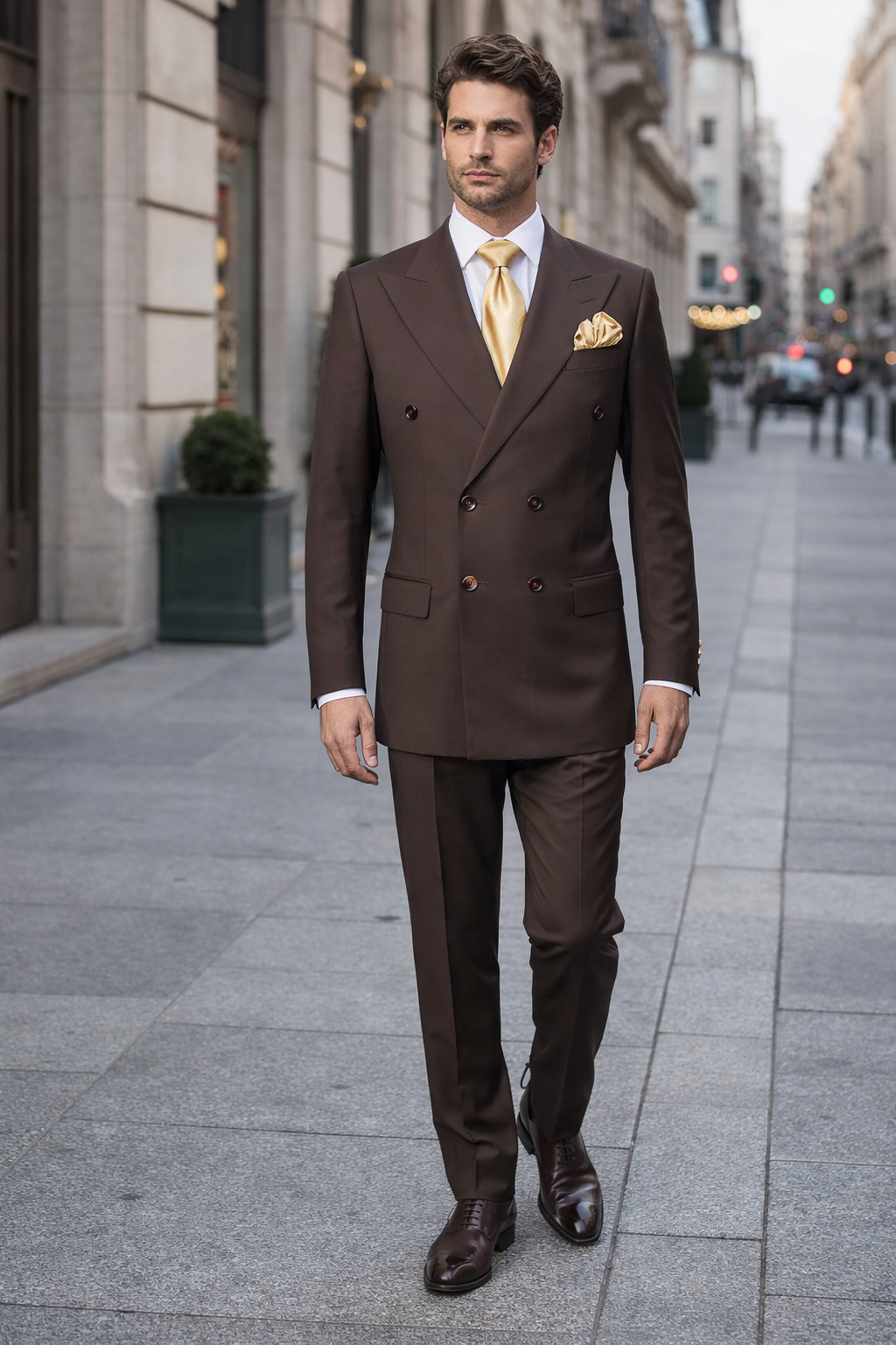Rossiman Men’s Brown Wool Suit – Classic Fit with Baggy Pleated Wide-Leg Trousers