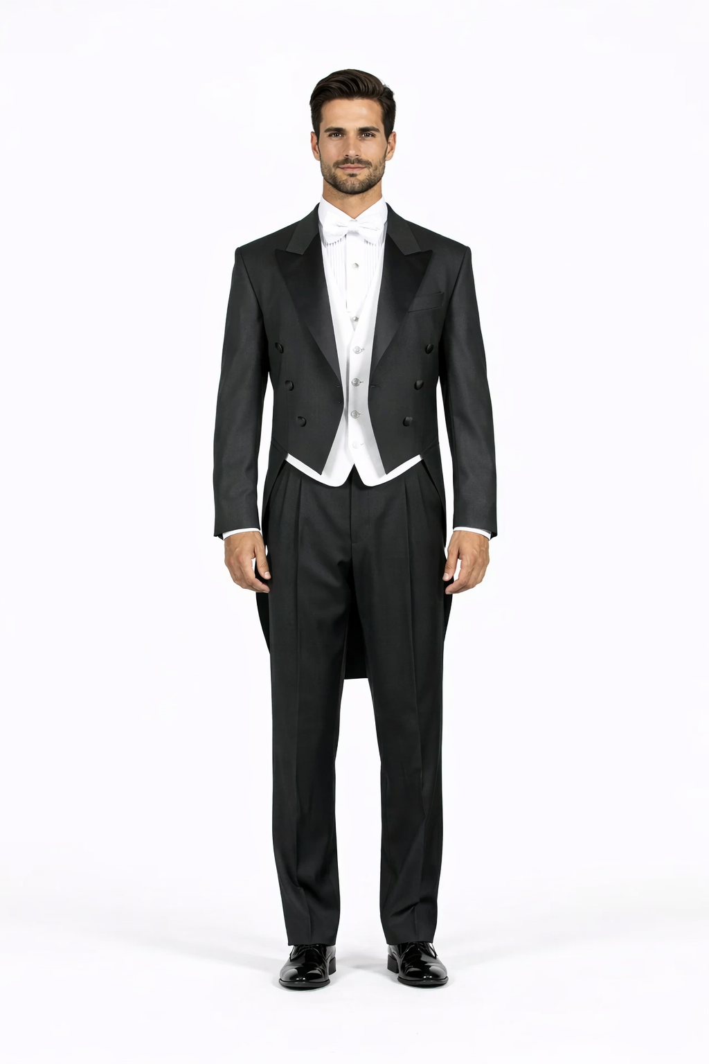 Super 150's Black Peak Tailcoat Tuxedo Jacket with the tail suit