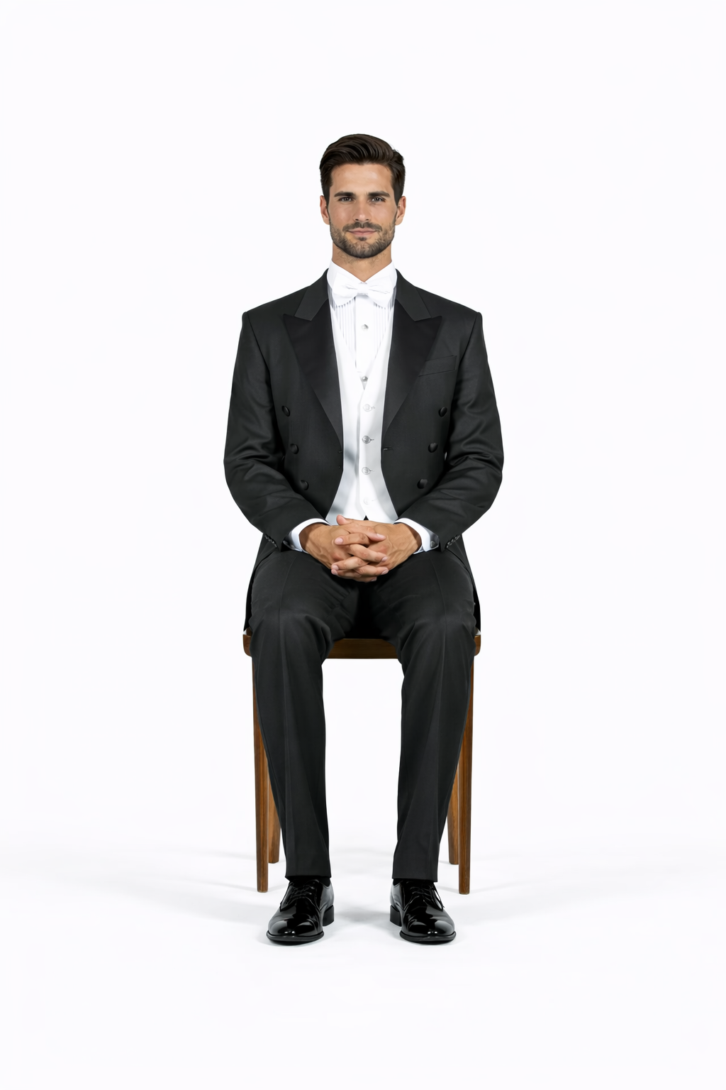 Super 150's Black Peak Tailcoat Tuxedo Jacket with the tail suit
