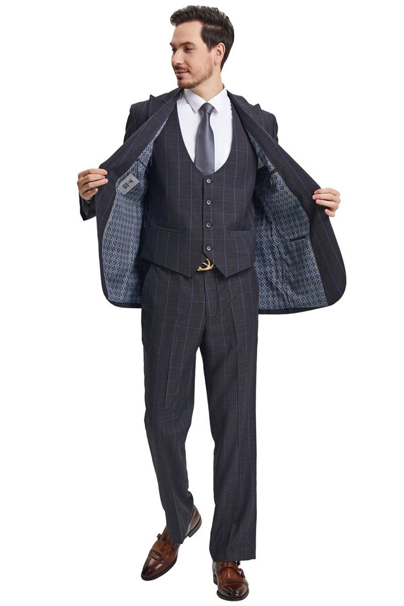Stacy Adams Charcoal Windowpane Plaid Suit & Vest