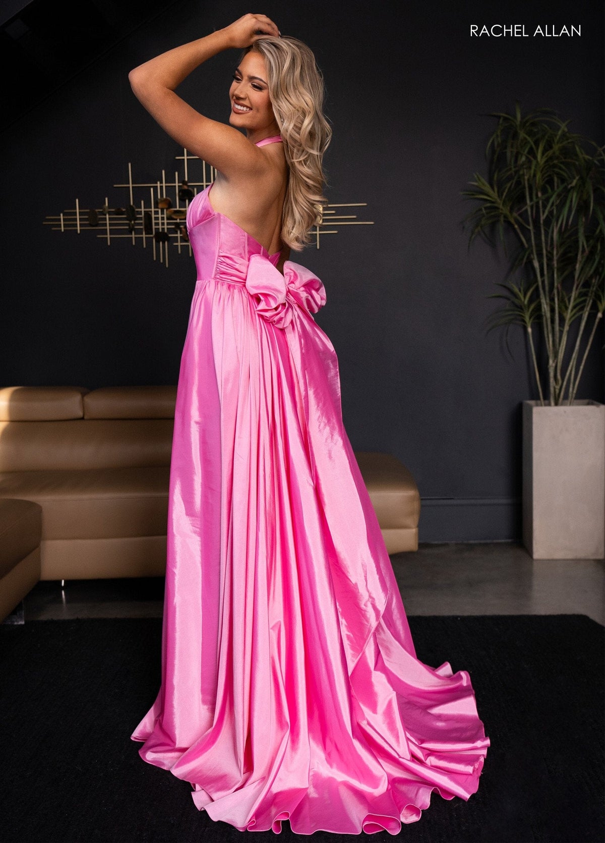 Rachel Allan 70689 Taffeta Halter A-line Slit Gown