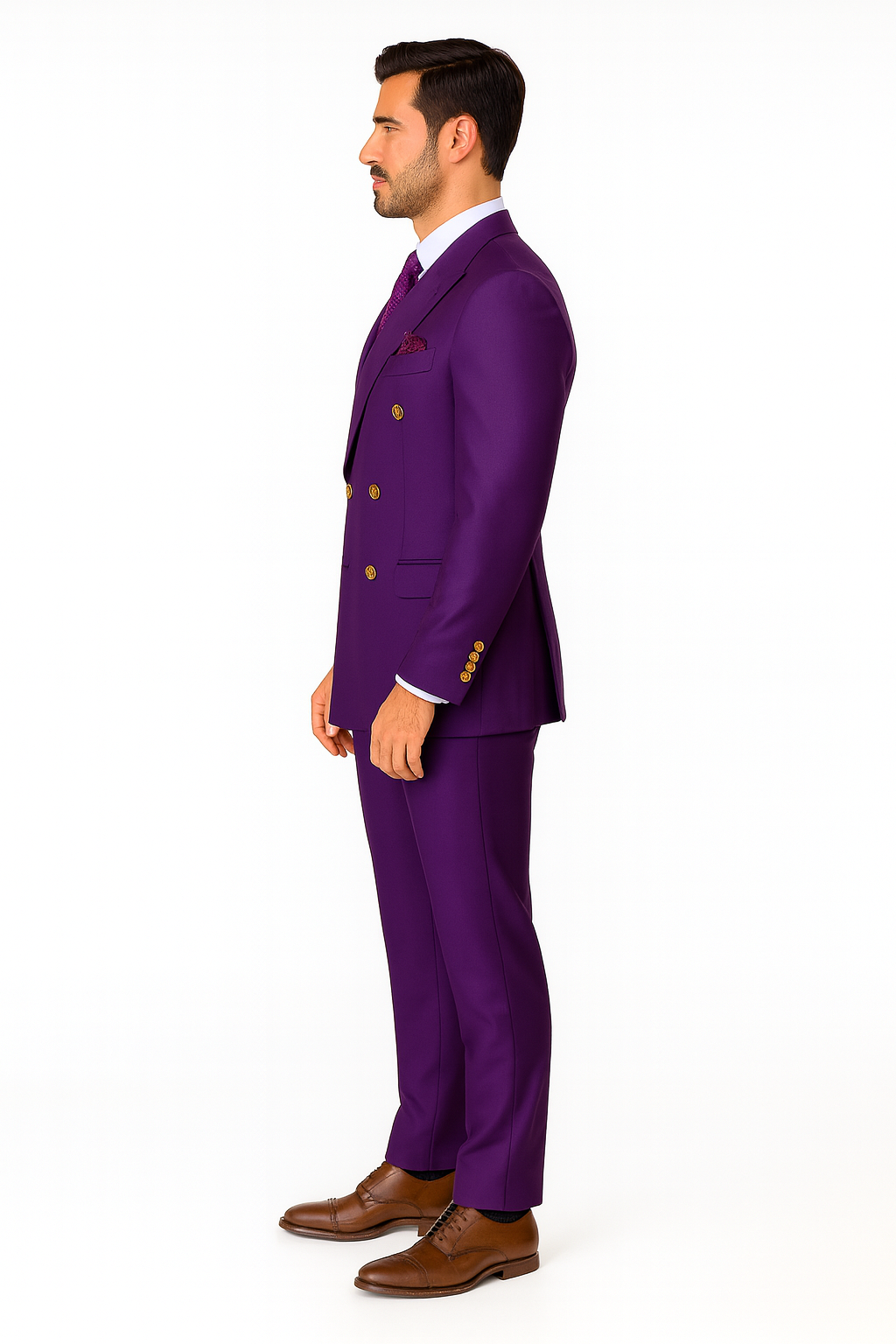 Double Breasted Wool Suit with Gold Buttons - Purple