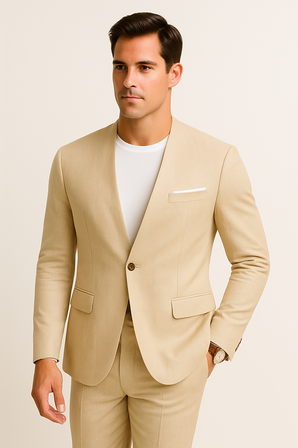 Tan Linen Collarless Suit for Summer
