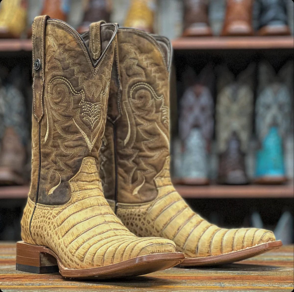 Men's genuine Caiman Tail And Deer Skin European Square Toe Short Boots With Zipper