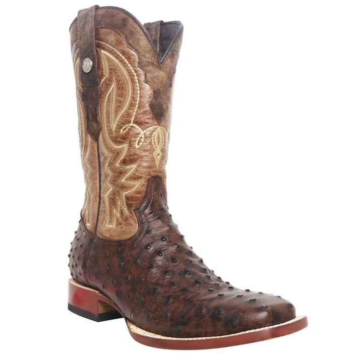 Men's Big Cabin Print Ostrich Square Toe Boots Chocolate