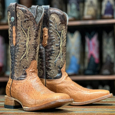 Men's Bosque Genuine Smooth Ostrich Square Toe Boots Brandy