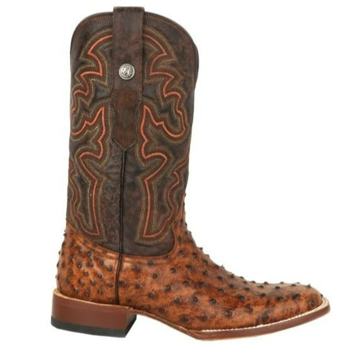 Men's Broken Arrow Print Ostrich Square Toe Boots Cognac