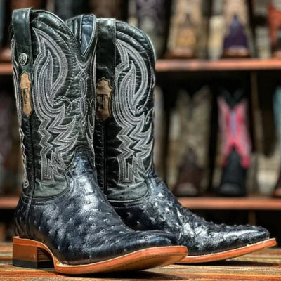Men's Checotah Print Ostrich Square Toe Boots Black