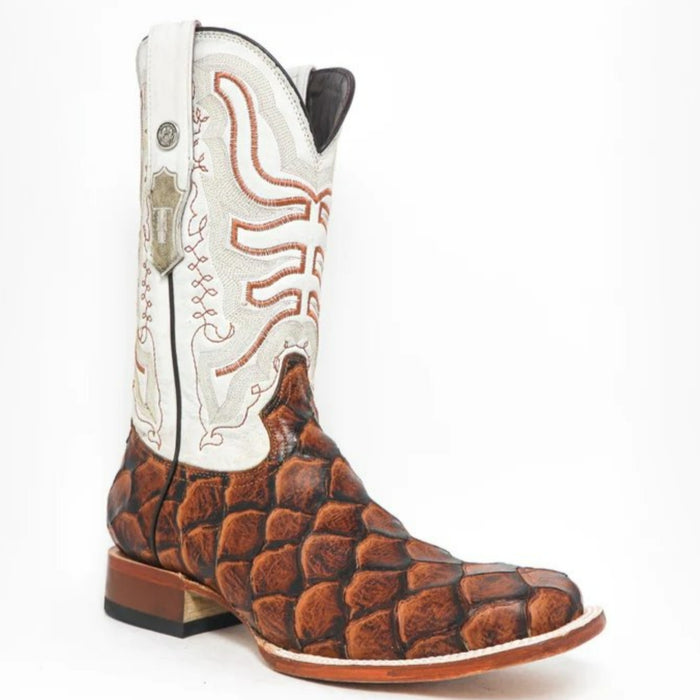 Men's Dillon Print Monster Fish Square Toe Boots Cognac